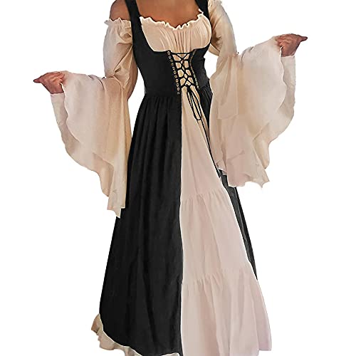 Abaowedding Womens's Medieval Renaissance Costume Cosplay Chemise and Over Dress Large/X-Large Black and Ivory
