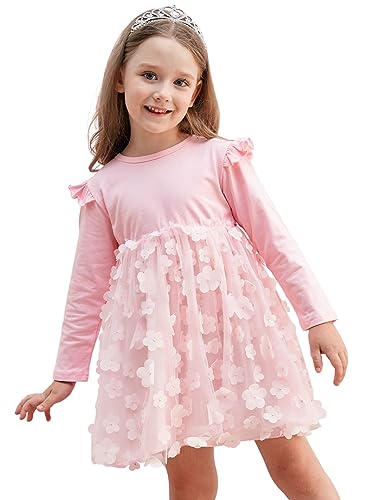 Kids4ever Little Girl Spinning Tulle Dresses 5 6 Years Girls Spring Pink Lace Dresses Long Sleeve with Tutu Skirt for Kids Girls' Party Dance Belt Dress Size 5-6 Solid Color Frocks
