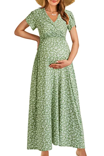 OUGES Summer Maternity Maxi Dress Wrap V Neck Baby Shower Nursing Dresses Breastfeeding(Floral-8, Small)