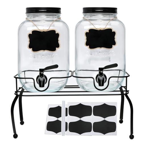 1-Gallon Drink Dispenser,Accguan Glass Water Dispenser with Black Tin Lid and Black Stainless steel faucet,Black Iron Frame,Mason Drink Dispenser for Parties, Picnics, Barbecues and Daily,2 pack