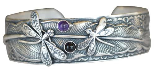 Elaine Coyne Collectible Artwear Mirror Antique Silver Dragonflies on Feather Cuff - Amethyst, Black Onyx