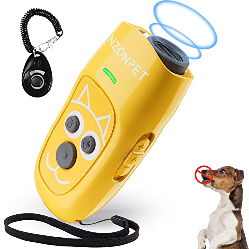 nzonpet Anti Barking Device, Ultrasonic 3 in 1 Dog Barking Deterrent Devices, 3 Frequency Dog Training and Bark Control 16.4Ft Range Rechargeable with LED Light and Wrist Strap Yellow