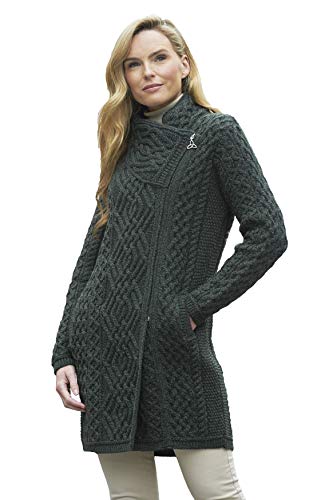 Ladies Merino Wool Cable Knit Coat With Side Zip Green Colour