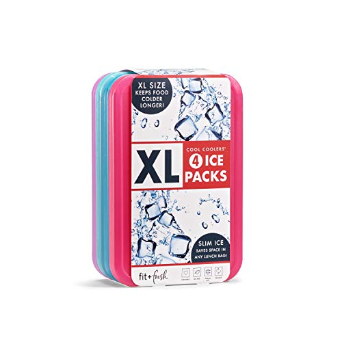 Cool Coolers by Fit & Fresh 4 Pack XL Slim Ice Packs, Quick Freeze Space Saving Reusable Ice Packs for Lunch Boxes or Coolers, Multi