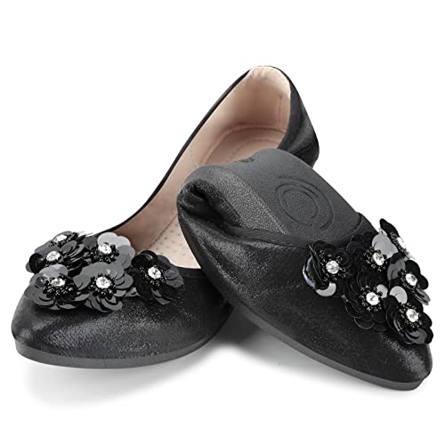 KUNWFNIX Women's Ballet Flats Sequins Wedding Ballerina Shoes Foldable Sparkly Comfort Slip on Flat Shoes