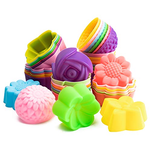 R HORSE 42Pcs Silicone Molds Cupcake Multi Flower Shapes Baking Cups Molds Non-Stick Donut Wrapper Molds Muffin Molds Washable for Pan Oven Microwave Dishwasher (2 x 0.8 Inch)