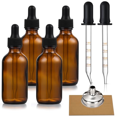 4 Pack, 1 oz Amber Glass Dropper Bottles Plus 2pcs Graduated Calibrated Glass Pipettes (1ml)- 30ml Dark Brown Tincture Bottles with Eye Droppers for Essential Oils, Liquids - Leakproof Travel Bottles