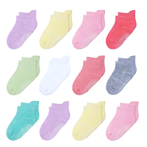 HYzgb Kids Socks Girls 5-6-7 Years Old 12 Pairs Cotton Toddler Non Slip Grips Ankle Socks for Little Girls Children 5T-6T-7T Birthday Gifts All Seasons Wearing (Bright Candy Colors)