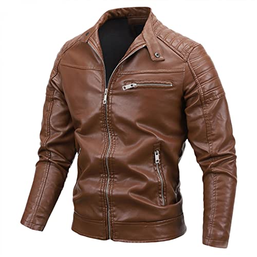 Stoota Men's Vintage Zip Stand Collar Faux Leather Jackets, Bomber Motorcycle Jacket Coat Outwear Streetwear with Pocket