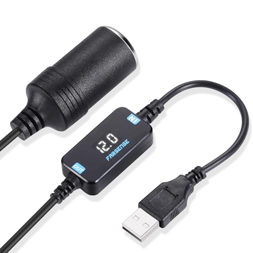 FARSENSE USB A to 12V Cigarette Lighter Adapter-USB DC 5V to 12V Step Up Car Cigarette Lighter Socket Converter Cable（3FT Supports Voltage Display,for Dash Cam,GPS,Driving Recorder,Etc