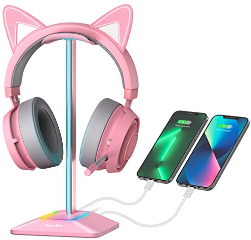 New bee RGB Headphone Stand with 1 USB-C Charging Port and 1 USB Charging Port, Desk Gaming Headset Holder with 7 Light Modes and Non-Slip Rubber Base Suitable for All Earphone Accessories (Pink)