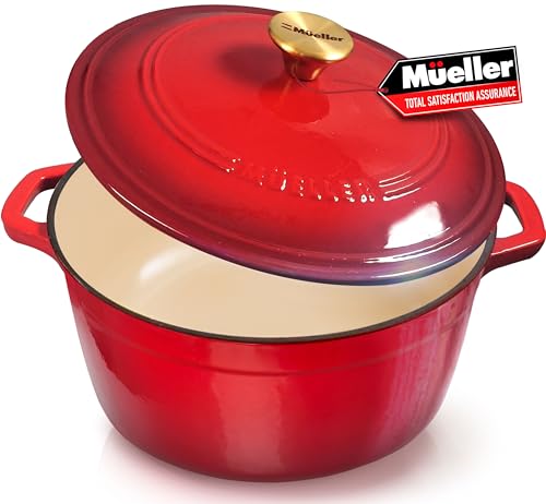 Mueller 6 Qt Enameled Cast Iron Dutch Oven, Heavy-Duty Casserole Dish and Braiser Pan with Lid and Stainless Knob, Safe for All Cooktops