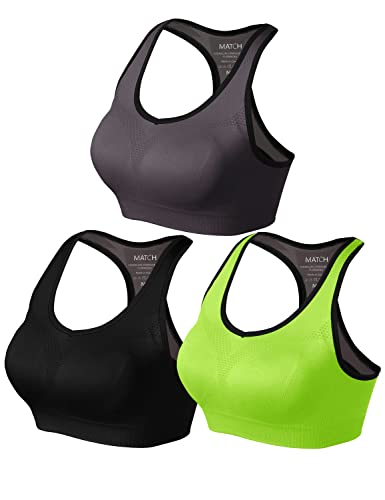 Match Womens Sports Bra Wirefree Seamless Padded Racerback Yoga Bra for Workout Gym Activewear with Removable Pads #001(1 Pack of 3(Black-Bright Green-Gray Brown),M)