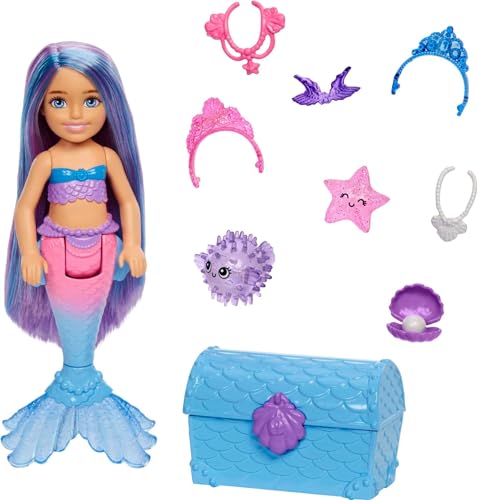 Barbie Mermaid Power Doll & Accessories, Chelsea Small Doll with Blue & Purple Hair, 2 Ocean Pets & Treasure Chest