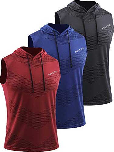 NELEUS Men's Workout Tank Tops Sleeveless Running Shirts with Hoodie,5098,3 Pack,Grey/Blue/Red,XL
