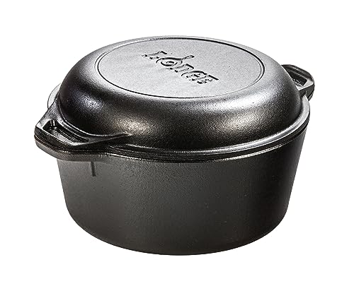 Lodge 5 Quart Pre-Seasoned Cast Iron Double Dutch Oven with Lid - Dual Handles - Lid Doubles as 10.25 Inch Cast Iron Grill Pan - Use in the Oven, on the Stove, on the Grill or over the Campfire - Black