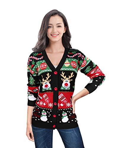 v28 Ugly Christmas Sweater for Women Reindeer Funny Merry V Neck Long Sleeve Knit Sweaters Cardigan (M, Snowman Black)