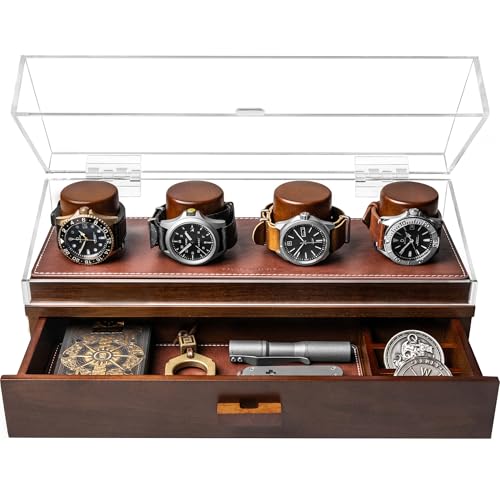 Elevate Your Watch Collection with The Watch Deck Pro – Premium Watch Display Case for 4 Watches – Easy Access, Drawer & Leather Lining – Wooden Mens Watch Box & Watch Case – Lifetime Assurance