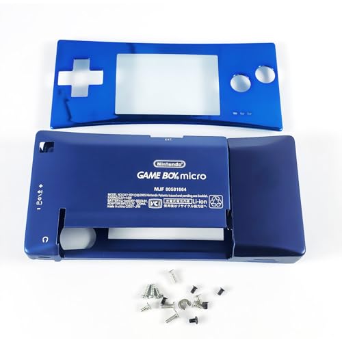 New for GBM Extra Alloy Housing Case Shell + Top Faceplate Blue Color Set Replacement, for Gameboy Micro Handheld Console, DIY Outer Enclosure Upper/Bottom/Battery Cover Plates + Screws