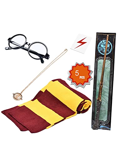 KESOCORAY Cosplay Costume Props Accessories Gifts for Harry Birthday Party Magic Wand Eyeglass Frame Knit Scarf Necklace Set-A