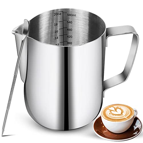 Milk Frothing Pitchers 20 oz, Stainless Steel Espresso Steaming Pitcher with Decorating Pen Coffee Milk Frother Cup with Scale Cappuccino Latte Art Barista Steam Pitchers Milk Frother Cup