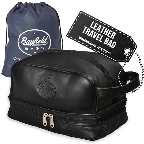 Bayfield Bags Travel Toiletry Bag For Men Shaving Dopp Kit (Black) Bottom Storage Holds More (10x6x5)-Leather Mens Toiletry Bag -Shower Bathroom Bag For men - Men Travel Toiletries Bag
