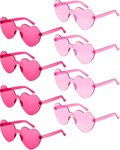 Frienda 8 Pairs Heart Shaped Sunglasses for Women Rimless Heart Glasses Candy Color Heart Sunglasses for Party Favor (Rose Red, Pink)