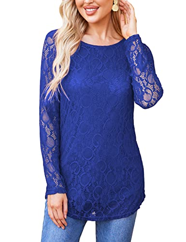 SoTeer Women's Lace Long Sleeve Top Curved Hem Double Layers Blouse Shirt Tops,Blue M