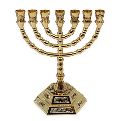 Ateret Judaica Traditiona Jewish Menorah 7 Branch Candle Sticks,Jerusalem Temple Candle Holder - 12 Tribes of Israel Menorah, 6.6 Inches (Gold)