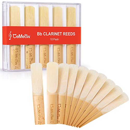 Clarinet Reeds 2.5, CeMeow Traditional Reeds for Clarinet Beginner 10Pack with Plastic Box, Thinner Reed Tip Advanced Cutting Technology for Clarinet Beginner and Player