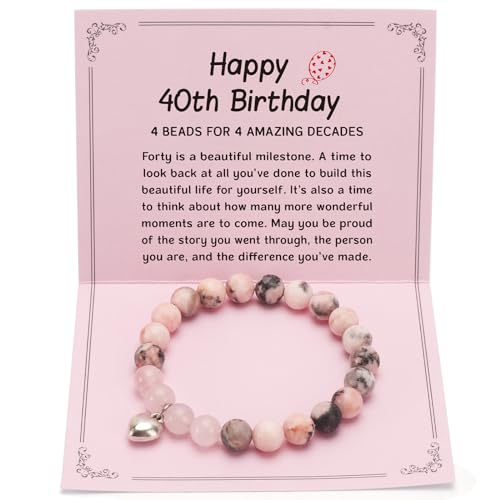 YUEYUQIU 40th Birthday Gifts for Women, Pink Zebra Natural Stone Bracelet with Sweet Heart Charm, 40 Year Old Birthday Ideas Gifts for Women, Forty Birthday Inspirational Gifts for Her