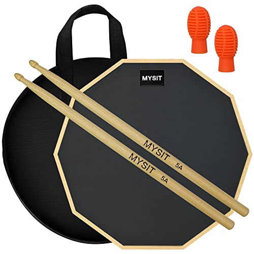 MySit 12-Inch Drum Practice Pad and Sticks Set With 2pcs Silicone Drumstick Mute Tips(Orange), Double Sided Silent Snare Drum Pads With 5A Drum Sticks & Storage Bag for Real Feel Practice Drumming