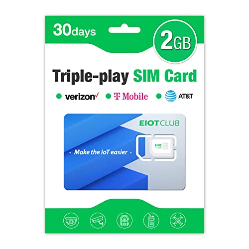 EIOTCLUB Data Only SIM Card Triple Play -Verizon ATT T-Mobile-2GB 30DAY - USA Coverage No Contract 4G LTE Cellular for Security Solar and Hunting Trail Game Cameras Unlocked IoT Device