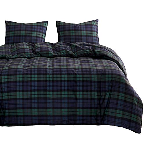 Wake In Cloud - Plaid Comforter Set, Scottish Tartan Check Geometric Modern Pattern Printed in Dark Green and Navy Blue, Soft Microfiber Bedding (3pcs, Queen Size)