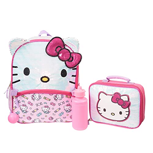 AI ACCESSORY INNOVATIONS Hello Kitty Girls 4 Piece Backpack Set, Iridescent Flip Sequin 16' School Bag with 3D Features, Front Zip Pocket, Pink & White
