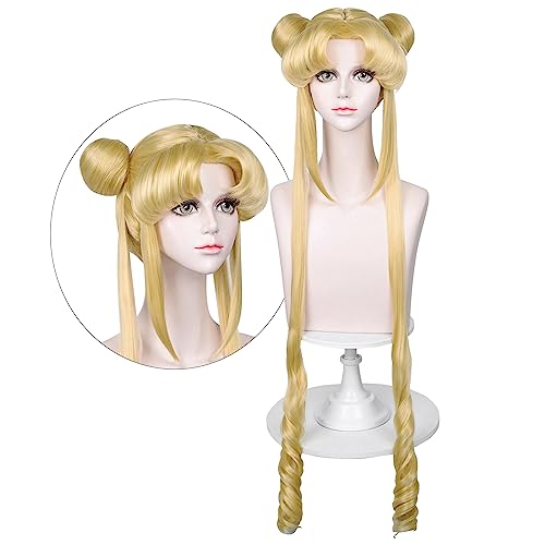 LABEAUTÉ Long Curly Blonde Ponytails Wig with Buns for Women Girls Cosplay Costume Anime Blonde Pigtails Wig with Bangs + Cap