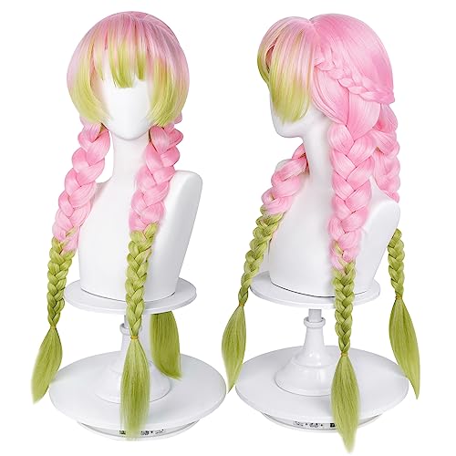 LABEAUTÉ Max Beauty Anime Pink and Green Wig for Mitsuri Cosplay Braided Hair Wig with Pigtails Halloween Party Wig + Cap