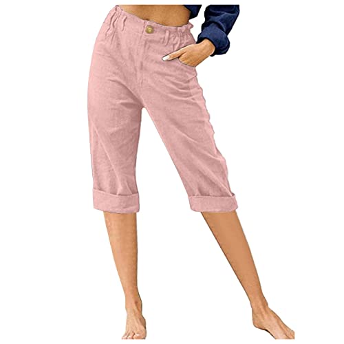 Stessotudo Capris for Women Summer Casual Elastic High Waist Linen Pants with Pockets Wide Cropped Leg Loose Trousers 2023