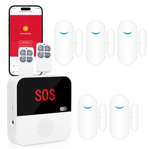 WiFi Door Alarm System, Wireless DIY Smart Home Security System, with Phone APP Alert, 8 Pieces-Kit (1 Alarm Base Station 5 Door Window Sensors 2 Key Fobs) for House, Apartment 2.4GHz Wi-Fi Only
