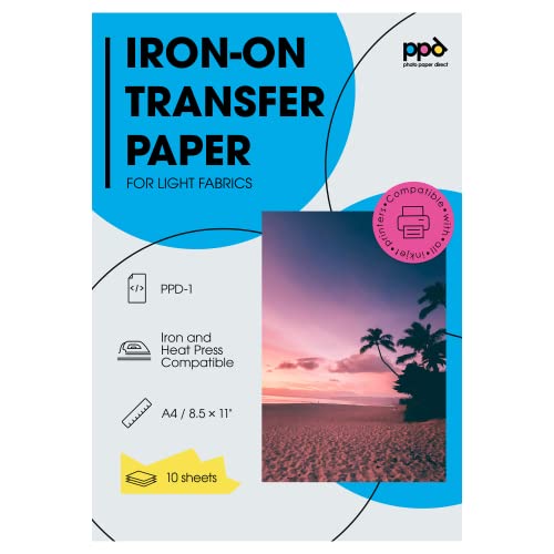 PPD Inkjet Premium Iron-On White and Light Color T Shirt Transfers Paper LTR 8.5x11” Pack of 10 Sheets (PPD001-10)