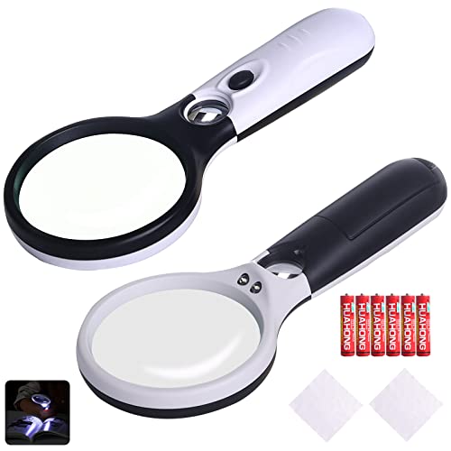 KunHe 2 Packs Magnifying Glass with 3 Led Light,3X 15x Handheld Magnifier with Light for Reading, for Kids & Seniors