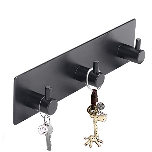 soclim Key Holder for Wall Self Adhesive Key Hook for Wall No Damage Key Rack for Wall with 3 Hooks for Keys and Masks, Key Hanger for Entryway, Hallway - Matte Black Extra Thick