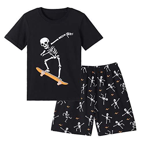 MyFav Big Boys Glow in Dark Skull Pjs Sleepwear Summer Pajama Shorts Sets, Skateboard, 10 Years