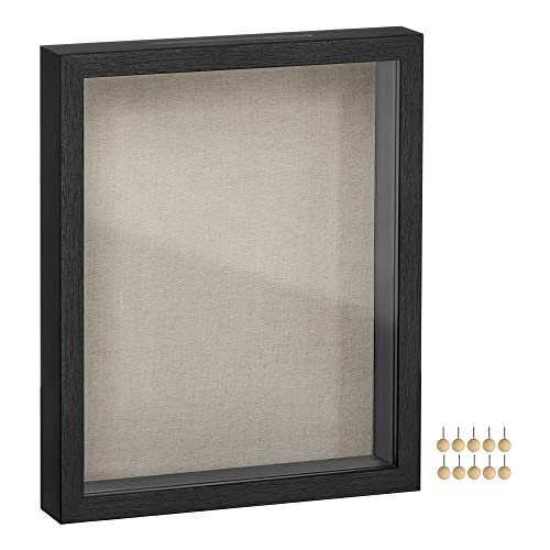 SONGMICS 11x14 Shadow Box Frame, Deep Box Frame with Top Slot and Push Pins, Picture Frame Display Case for Savings, Linen Fabric Backing for DIY Craft, Glass Front, Black, Gift