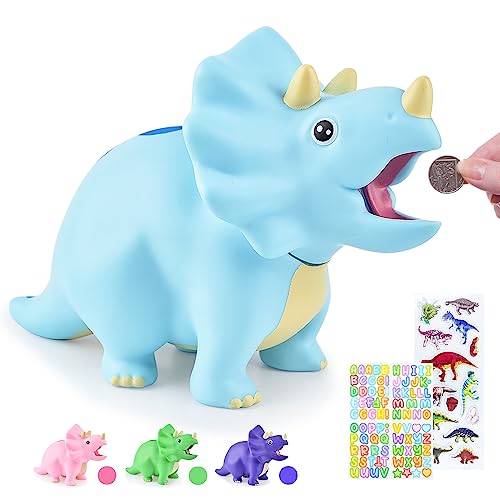 PJDRLLC Dinosaur Piggy Bank for Kids, Unbreakable Plastic Money Coin Bank for Boys and Girls, Great Gifts for Birthday, Easter, Baby Shower (Blue)