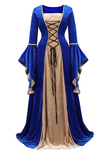 Kranchungel Renaissance Costumes for Women Medieval Dress Queen Costume Cosplay Irish Overdress Blue Large
