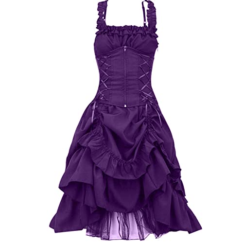 Women's Medieval Vintage Costumes Gothic Grunge Lace-Up Sleeveless Sling Cocktail Dress Formal Layered Lolita Dress Purple