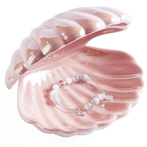 Denique Shell Jewelry Dish Tray, Ceramic Trinket Tray Clamshell Jewelry Storage Dish, Ring Holder Dish Key Bowl, Decorative Jewelry Plate, Cute Jewelry Organizer for Room Decor (Pink)