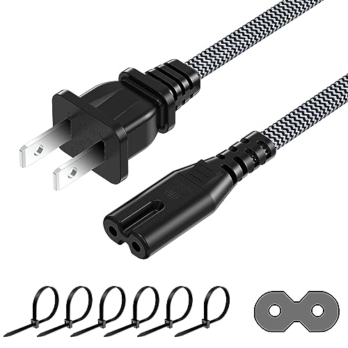 AC Power Cord 6FT(1 Pack), 2 Prong TV Power Cord, Nylon Braid Cable Replacement for Xbox One S, Xbox One X, Xbox Series X, PS3, PS4, PS5, Compatible for Printer, Monitor, Sound Bar, Game Console