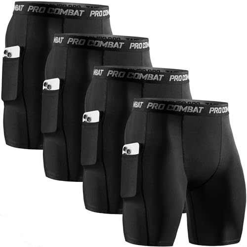 Niksa 4 Pack Compression Shorts Men with Pocket, Spandex Running Shorts Sport Athletic Workout Performance Underwear Black
